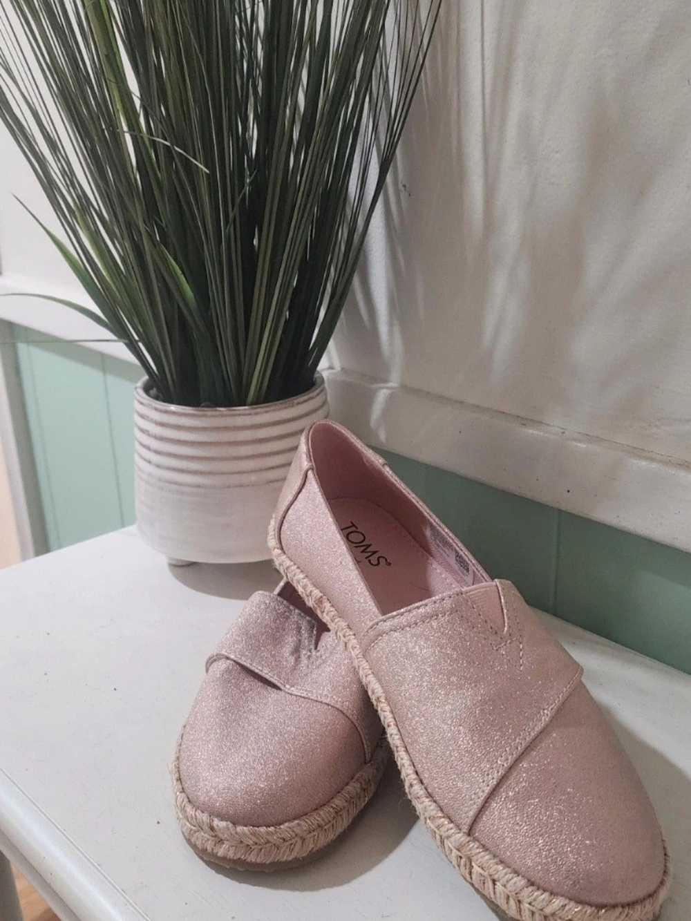 TOMS Rose Gold Glitter Espadrille Slip-Ons